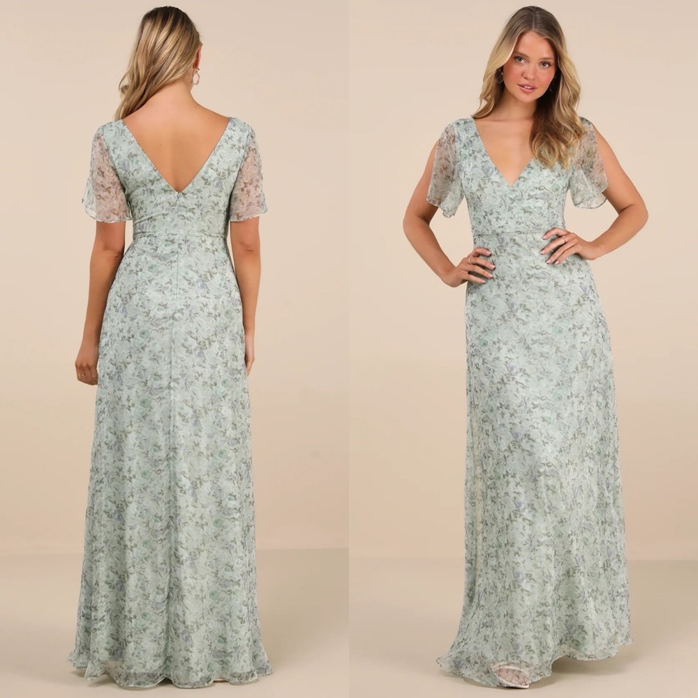 Sage Floral V-Neck Flutter Sleeve Maxi Dress
